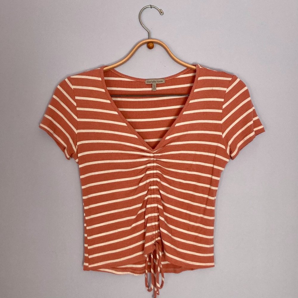 RIBBED PINK SYNCH TOP Striped V-neck